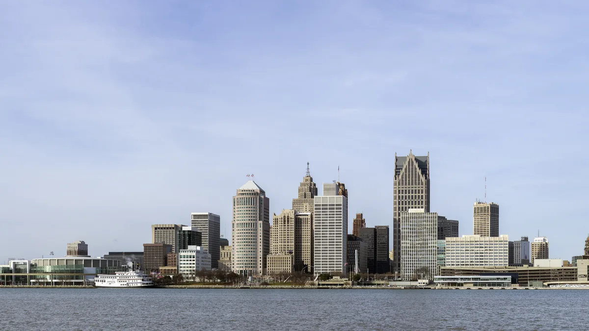 The skyline of Detroit, Michigan.