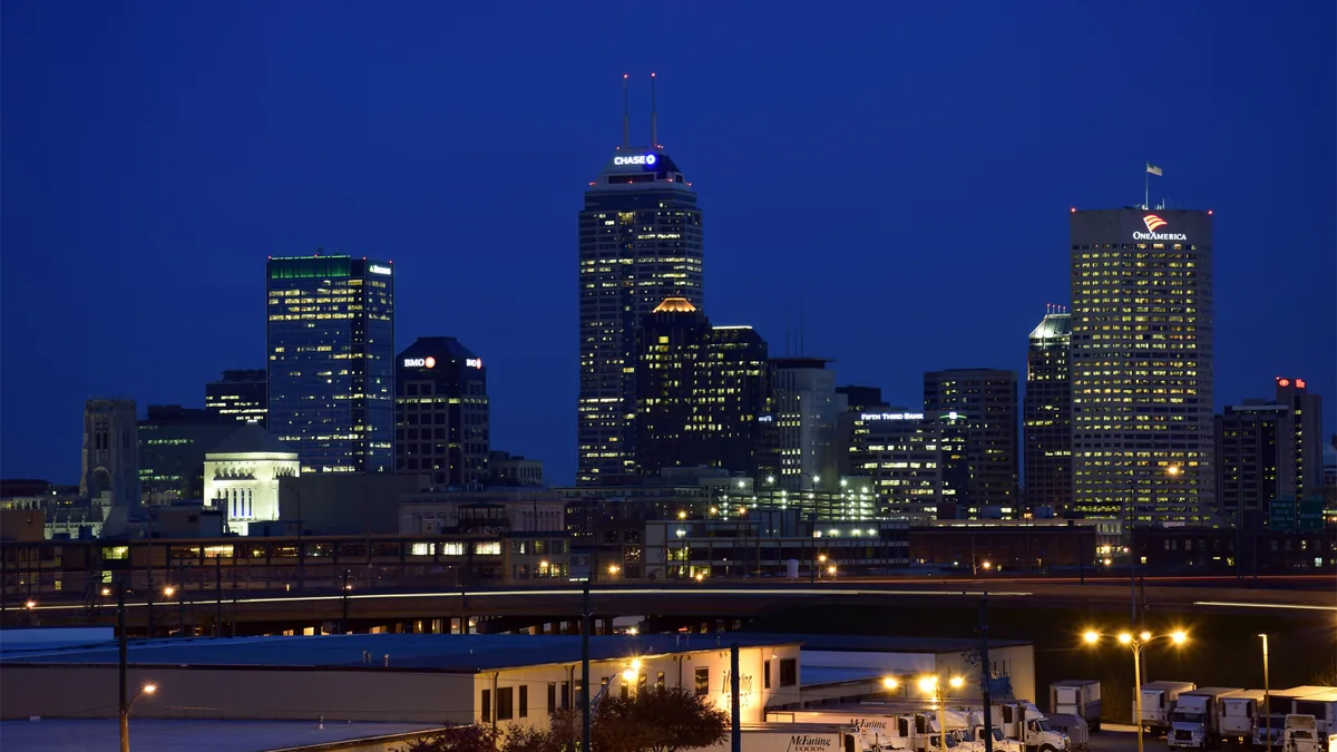 The skyline of Indianapolis, Indiana.