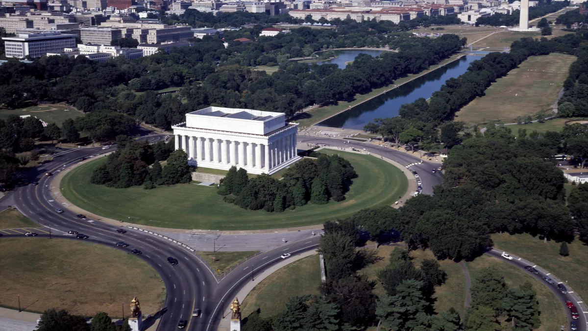 Aerial view of the National Mall in Washington, D.C., with the Lincoln Memorial and Washington Monument.